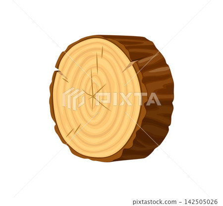 Cross section wood log slice with visible tree rings, natural bark texture and small cracks. Cartoon wooden plank for timber industry icons, woodworking emblems, lumber and timber manufacturers Cross section wood log slice with visible tree rings, natural bark texture and small cracks. Cartoon wooden plank for timber industry icons, woodworking emblems, lumber and timber manufacturers 142505026