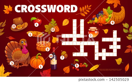 Autumn and Thanksgiving crossword quiz grid. Cartoon crossword puzzle worksheet with fall leaves, turkey, pumpkin, pie, cornucopia and Pilgrim hat for kids activity books and holiday party games 142505029