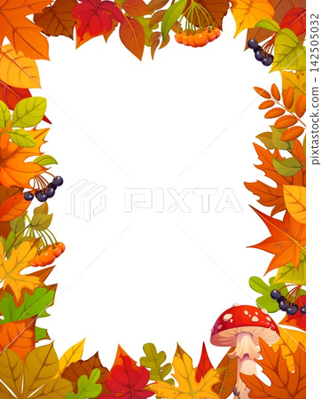Thanksgiving and autumn fall season leaves frame border. Festive harvest frame featuring vibrant maple, oak and chestnut foliage, elderberries and fly agaric mushroom for Thanksgiving greeting cards Thanksgiving and autumn fall season leaves frame border. Festive harvest frame featuring vibrant maple, oak and chestnut foliage, elderberries and fly agaric mushroom for Thanksgiving greeting cards 142505032