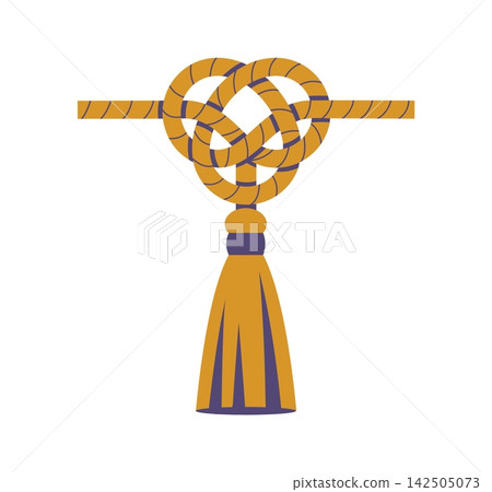 Asian Japanese mizuhiki knot design element, oriental ornament pattern with woven cord loops and tassel. Vector traditional Japan symbol for ceremony, gift, celebration, wedding and festive decoration Asian Japanese mizuhiki knot design element, oriental ornament pattern with woven cord loops and tassel. Vector traditional Japan symbol for ceremony, gift, celebration, wedding and festive decoration 142505073