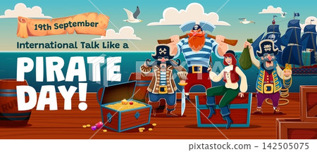 Pirate Day banner with cartoon corsair ship crew characters. Funny old pirate captain, sailor and boatswain characters with sail ship, treasure chest and sword. Cute woman and bearded men corsairs Pirate Day banner with cartoon corsair ship crew characters. Funny old pirate captain, sailor and boatswain characters with sail ship, treasure chest and sword. Cute woman and bearded men corsairs 142505075