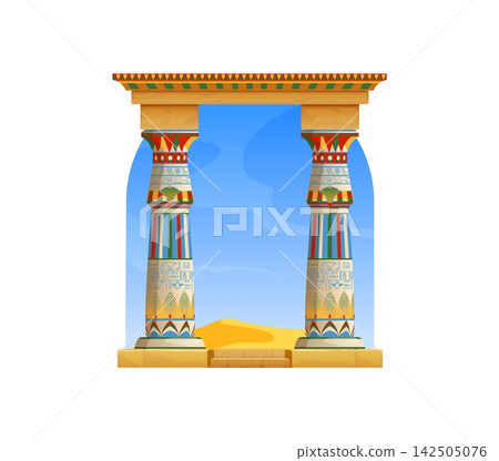 Ancient Egyptian temple archway, Egypt arch game asset. Cartoon architecture entrance, historical building. Door or wall frame with decorated columns with hieroglyphs, sand dunes and clear blue sky Ancient Egyptian temple archway, Egypt arch game asset. Cartoon architecture entrance, historical building. Door or wall frame with decorated columns with hieroglyphs, sand dunes and clear blue sky 142505076