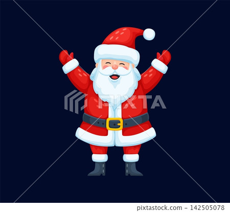 Cartoon Santa Claus Christmas character with white beard and red hat raising hands in festive greeting. Happy holiday personage in traditional costume, isolated vector mascot for winter celebration Cartoon Santa Claus Christmas character with white beard and red hat raising hands in festive greeting. Happy holiday personage in traditional costume, isolated vector mascot for winter celebration 142505078