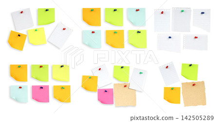 Set of various note paper sheets attached with office push pins. High-quality isolated stationery set on transparent background, perfect for office, memo, or design concepts Set of various note paper sheets attached with office push pins. High-quality isolated stationery set on transparent background, perfect for office, memo, or design concepts 142505289