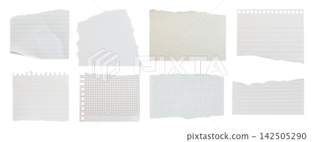 Set of Torn pieces of notebook paper, isolated on transparent background. Suitable for creative design, collage, scrapbooking, notes, and graphic projects Set of Torn pieces of notebook paper, isolated on transparent background. Suitable for creative design, collage, scrapbooking, notes, and graphic projects 142505290