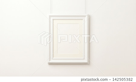 blank white rectangular picture frame mockup hanging on thin strings against empty wall inside bright art gallery exhibition room interior space blank white rectangular picture frame mockup hanging on thin strings against empty wall inside bright art gallery exhibition room interior space 142505382