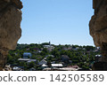 Panoramic View of Residential District in Kamianets Podilskyi Ukraine Framed by Ancient Stone Walls of Historic Architecture 142505589