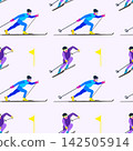 Colorful seamless pattern of skiers in action on a light background. Skiers wear bright outfits and ski downhill, showcasing winter sports activity. 142505914