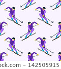 Winter sport game colorful seamless pattern. Skiers in bright outfits in action. Skiing sportsmans character in motion. Vector concept of winter sports activity. For background, wrapping paper, poster 142505915