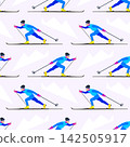 Winter sport game seamless pattern. Skiing sportsmans character in motion. Sporty guy riding on skis. Vector concept in cartoon style can be used for poster, banner, background, wrapping paper 142505917