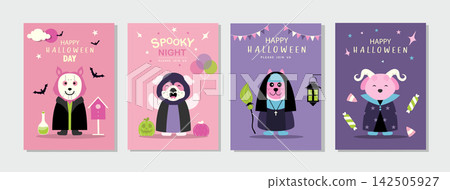 Set of happy halloween pet greeting card.Characters for Halloween in cartoon costumes style,cute animal,Vector illustrations. Set of happy halloween pet greeting card.Characters for Halloween in cartoon costumes style,cute animal,Vector illustrations. 142505927