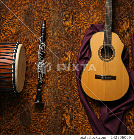 music instruments on wooden background music instruments on wooden background 142506009