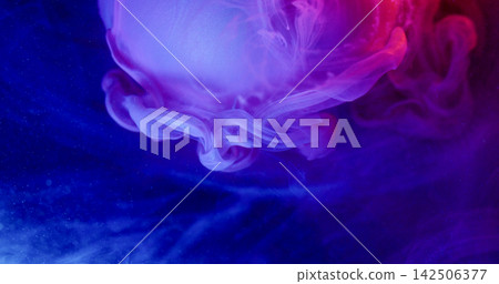 Round ball. Paint wave. Defocused blue purple neon color vapor liquid shimmer particles floating on abstract art creative background. 142506377