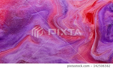 Marble pour. Paint mix. Defocused purple red color glitter shiny water fluid liquid texture spilling on abstract art wet background. Marble pour. Paint mix. Defocused purple red color glitter shiny water fluid liquid texture spilling on abstract art wet background. 142506382