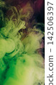 Color smog splash. Paint texture. Defocused green purple vibrant art particles chemical underwater fog water pigment spreading on acrylic abstract background. 142506397
