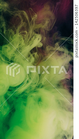 Color smog splash. Paint texture. Defocused green purple vibrant art particles chemical underwater fog water pigment spreading on acrylic abstract background. Color smog splash. Paint texture. Defocused green purple vibrant art particles chemical underwater fog water pigment spreading on acrylic abstract background. 142506397