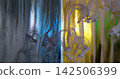 Ink flow. Fog wave. Blur yellow blue green colorful water fluid swirling acrylic creative smoke spreading on abstract art background. 142506399