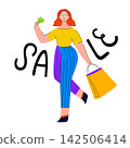 Walking ginger woman hold money and paper bag in her hand and sign SALE on background. Cute character and black big letters. Hand drawn vector illustration in cartoon style for shop banners, posters 142506414