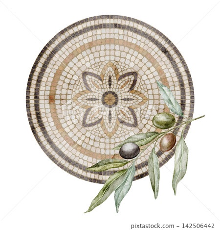 Round Roman mosaic with olive branch watercolor illustration isolated on background. Mediterranean decorative stone tile composition with olives and botanical foliage for Italian historical design. 142506442
