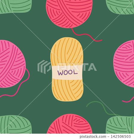 Colorful wool yarn vector seamless pattern illustration. Bright balls of yarn and skeins of wool for knitting or crochet on green background. Crafting hobby or handmade concept repeating tile design Colorful wool yarn vector seamless pattern illustration. Bright balls of yarn and skeins of wool for knitting or crochet on green background. Crafting hobby or handmade concept repeating tile design 142506503