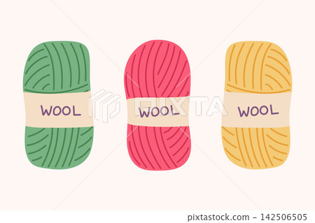 Colorful wool yarn skeins vector illustration set. Cozy green, pink and yellow balls of yarn on light background. Hobby supplies in flat vector style for knitting, crochet, handicraft Colorful wool yarn skeins vector illustration set. Cozy green, pink and yellow balls of yarn on light background. Hobby supplies in flat vector style for knitting, crochet, handicraft 142506505
