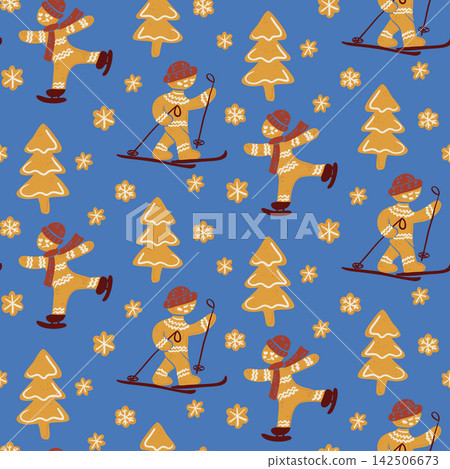 Colorful winter-themed illustration featuring skiers and pine trees on a blue background, with snowflakes and decorative elements enhancing the festive atmosphere Colorful winter-themed illustration featuring skiers and pine trees on a blue background, with snowflakes and decorative elements enhancing the festive atmosphere 142506673