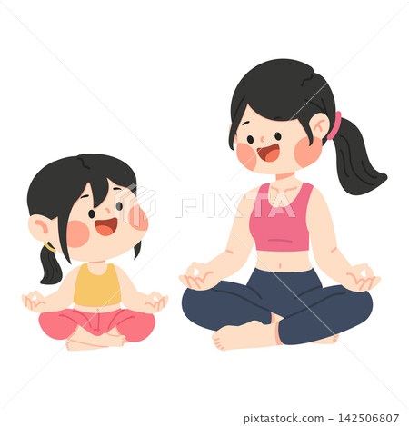 Mother and daughter practicing yoga meditation together Mother and daughter practicing yoga meditation together 142506807