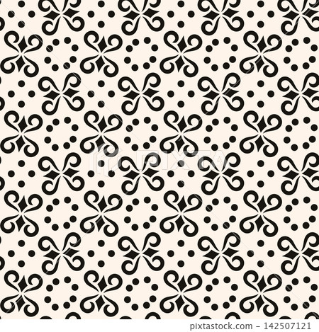 Monochrome abstract floral seamless vector pattern with dots and curls. Perfect for modern wallpaper, textile printing, packaging, and home decor. Monochrome abstract floral seamless vector pattern with dots and curls. Perfect for modern wallpaper, textile printing, packaging, and home decor. 142507121