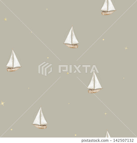 Sailing ship seamless watercolor pattern on beige background. Nautical repeat with sailboat and stars for fabric, nursery wallpaper and wrapping paper. Baby backdrop for childish bed linen. Sailing ship seamless watercolor pattern on beige background. Nautical repeat with sailboat and stars for fabric, nursery wallpaper and wrapping paper. Baby backdrop for childish bed linen. 142507132