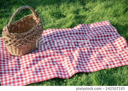 Empty picnic blanket and wicker basket on green grass Empty picnic blanket and wicker basket on green grass 142507185