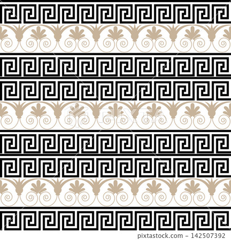 Symmetrical pattern of black Greek key designs with gold palmette motifs. Greek key classic ornamental pattern. Palmette motifs in classical architecture, art. Ancient Greek Seamless pattern. Symmetrical pattern of black Greek key designs with gold palmette motifs. Greek key classic ornamental pattern. Palmette motifs in classical architecture, art. Ancient Greek Seamless pattern. 142507392