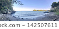 A tranquil coastal landscape with a vast expanse of blue sky and sea. 142507611
