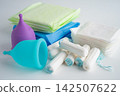 Menstruation cycle with sanitary pad and cotton tampon for woman hygiene and protection. 142507622