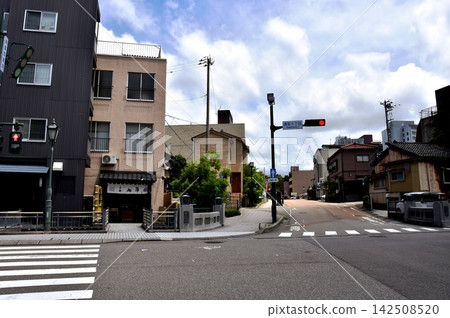 Kanazawa City: Nagamachi 1-chome intersection, Oyama Bridge over the Kuratsuki Canal, and streetscape towards Kanazawa City Cultural Hall. Kanazawa City: Nagamachi 1-chome intersection, Oyama Bridge over the Kuratsuki Canal, and streetscape towards Kanazawa City Cultural Hall. 142508520
