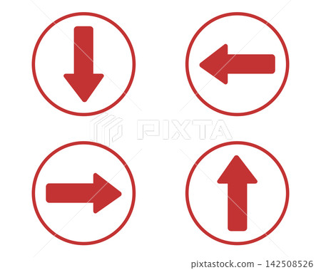 A set of illustrations of up, down, left, and right arrows with red circular borders. A set of illustrations of up, down, left, and right arrows with red circular borders. 142508526