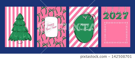 Hand Drawn New Year 2027 Poster Set with Pink Ribbon Bows Pattern and Christmas Tree. Perfect for Party Invitations, Holiday Marketing Campaigns, Web Banners, and Merch Covers Hand Drawn New Year 2027 Poster Set with Pink Ribbon Bows Pattern and Christmas Tree. Perfect for Party Invitations, Holiday Marketing Campaigns, Web Banners, and Merch Covers 142508701