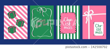 Set of modern Christmas and New Year greeting cards or posters for winter holiday invitations, postcards, banners, prints, and websites. 142508702