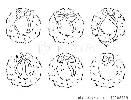 Collection of hand drawn vector Christmas wreaths with bows. Minimalist Line Art Spruce Garland Set for Holiday Logo Design, Product Labels, and Festive Packaging Collection of hand drawn vector Christmas wreaths with bows. Minimalist Line Art Spruce Garland Set for Holiday Logo Design, Product Labels, and Festive Packaging 142508719
