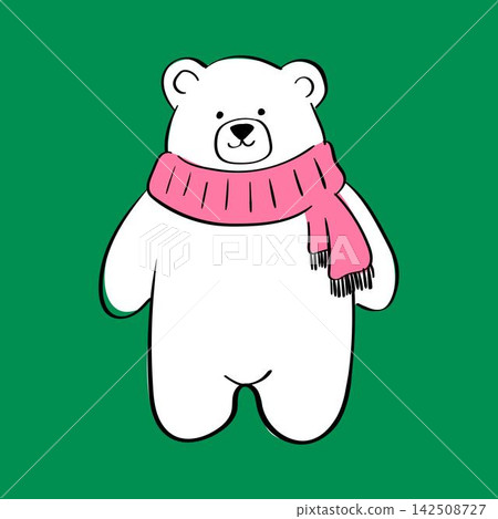 Cute White Polar Bear Wearing Pink Scarf Vector Illustration in Hand Drawn Doodle Style for Cozy Winter Greeting Cards, Animal Sticker Packs, Gift Tags, Baby Shower and Holiday Packaging Cute White Polar Bear Wearing Pink Scarf Vector Illustration in Hand Drawn Doodle Style for Cozy Winter Greeting Cards, Animal Sticker Packs, Gift Tags, Baby Shower and Holiday Packaging 142508727