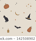 A tranquil Halloween seamless background featuring scattered pumpkins and black cats. 142508902