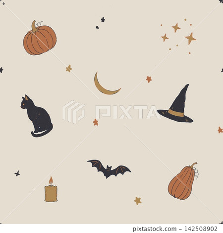 A tranquil Halloween seamless background featuring scattered pumpkins and black cats. 142508902