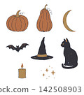 A collection of quiet, hand-drawn Halloween-themed illustrations featuring pumpkins and black cats. 142508903