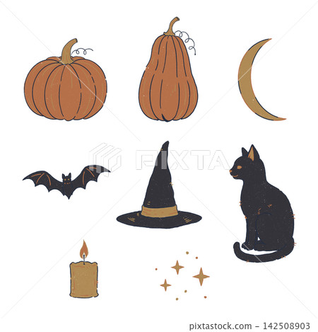 A collection of quiet, hand-drawn Halloween-themed illustrations featuring pumpkins and black cats. A collection of quiet, hand-drawn Halloween-themed illustrations featuring pumpkins and black cats. 142508903
