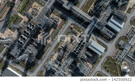 Aerial view oil refinery, Refinery plant, Refinery factory. Aerial view oil refinery, Refinery plant, Refinery factory. 142508922