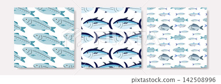 Blue Salmon and Tuna Seamless Fish Pattern Set Blue Salmon and Tuna Seamless Fish Pattern Set 142508996