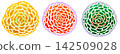 A set of three round flower illustrations reminiscent of traffic lights. 142509028