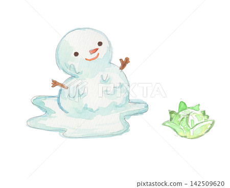 水彩插畫,描繪了正在融化的雪人和蜂斗菜的嫩芽-積雪消融,春天來臨。 水彩插畫,描繪了正在融化的雪人和蜂斗菜的嫩芽-積雪消融,春天來臨。 142509620