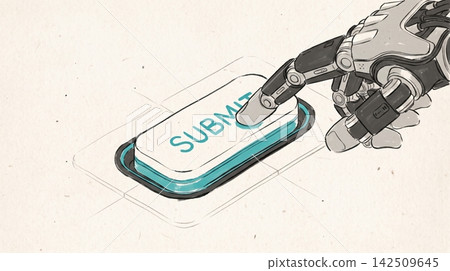 Mechanical robotic finger pressing a cyan submit button on textured paper background 142509645