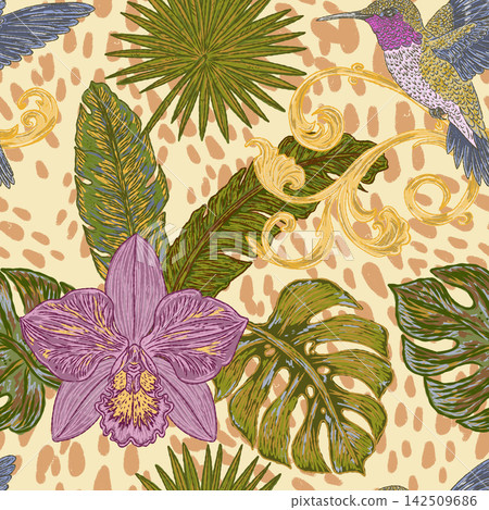 seamless pattern with tropical plants and flowers seamless pattern with tropical plants and flowers 142509686