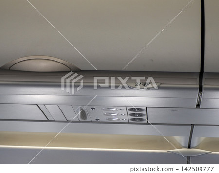 seat number detail in Empty airplane cabin without passengers seat number detail in Empty airplane cabin without passengers 142509777